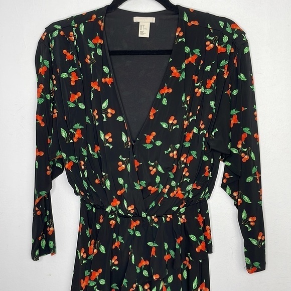 H&M asymmetric ruffle cherry print black dress - Picture 2 of 10
